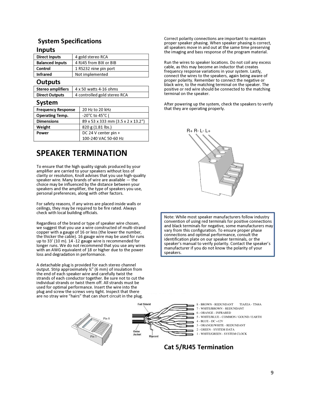 Knoll Q450RS manual System Specifications Inputs, Outputs, Cat 5/RJ45 Termination 