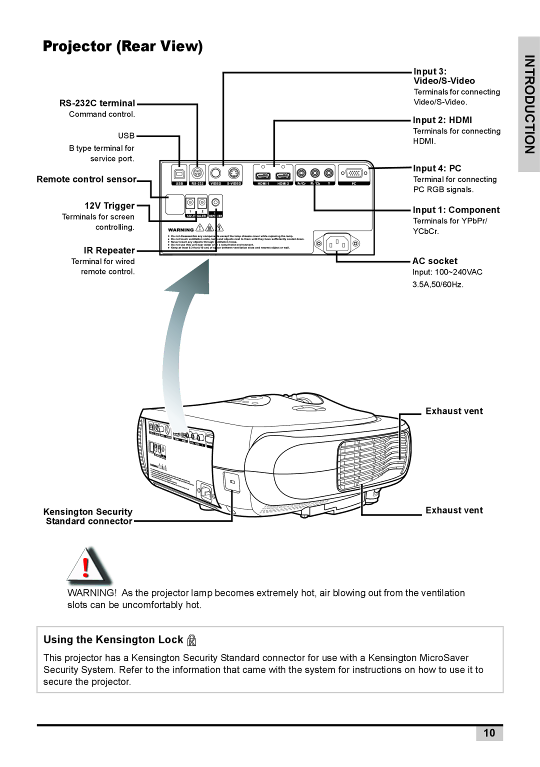 Knoll Systems 1080p DLP user manual Projector Rear View, Using the Kensington Lock 