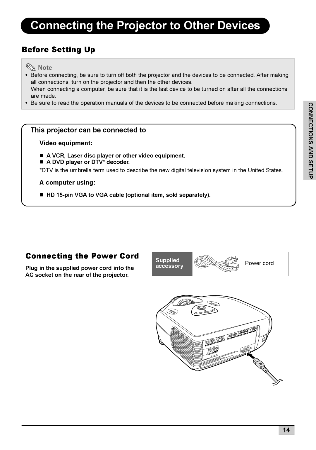 Knoll Systems 1080p DLP user manual Connecting the Projector to Other Devices, Before Setting Up, Connecting the Power Cord 