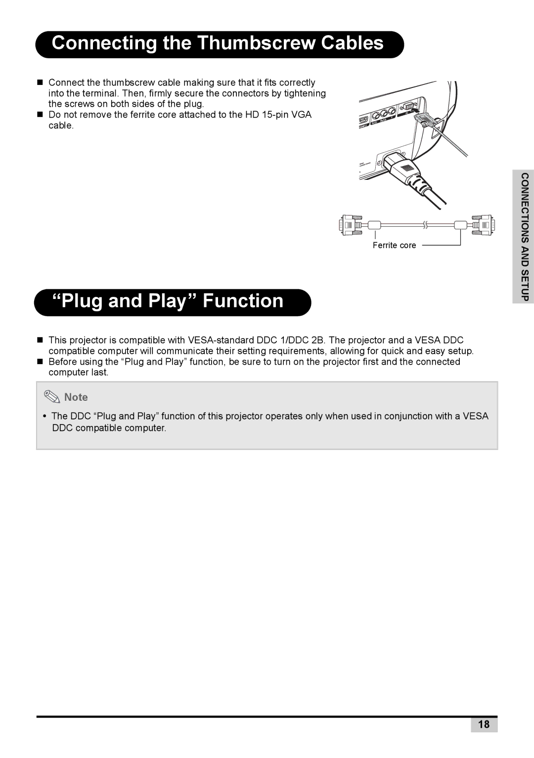 Knoll Systems 1080p DLP user manual Connecting the Thumbscrew Cables, Plug and Play Function 