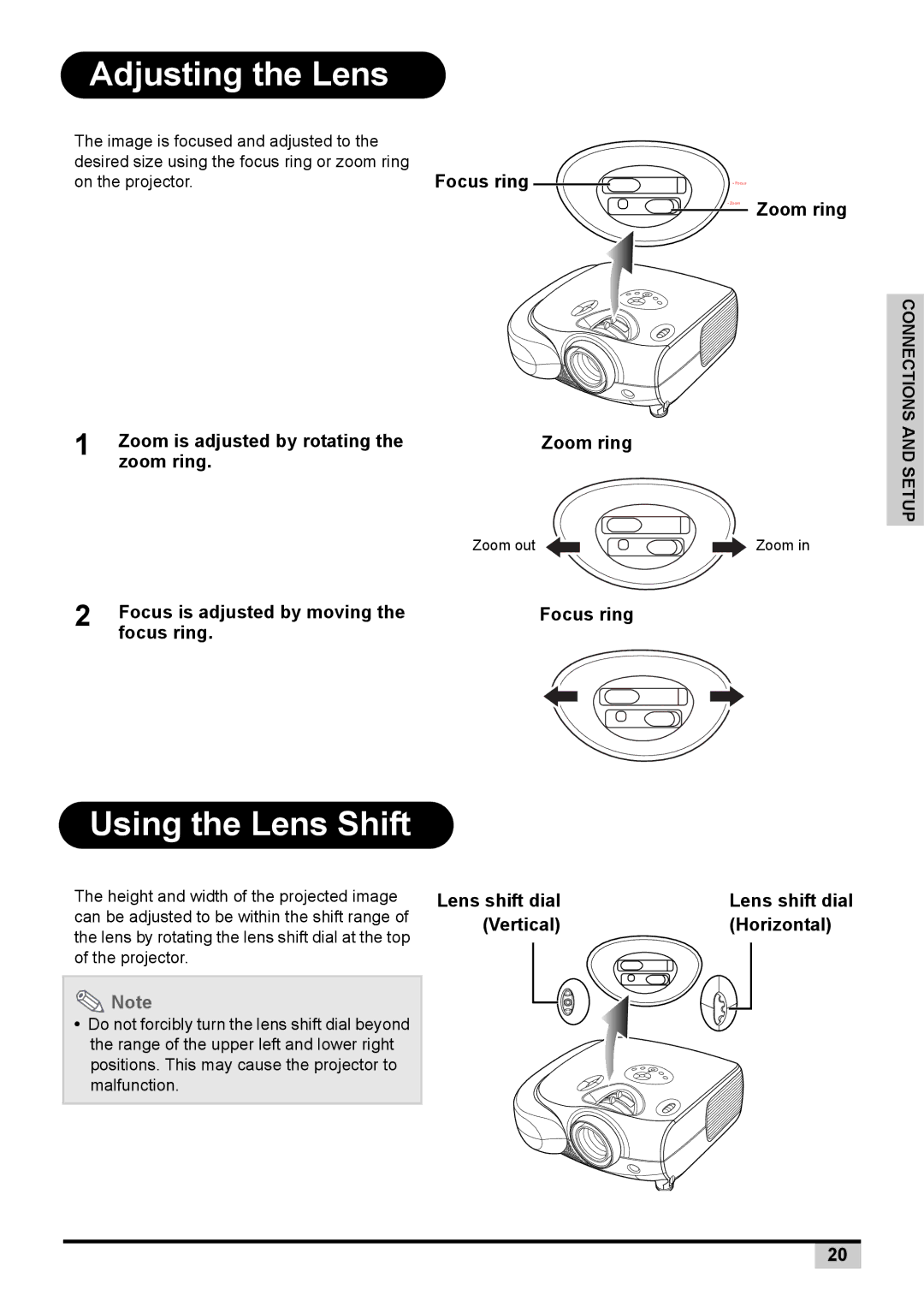 Knoll Systems 1080p DLP user manual Adjusting the Lens, Using the Lens Shift 