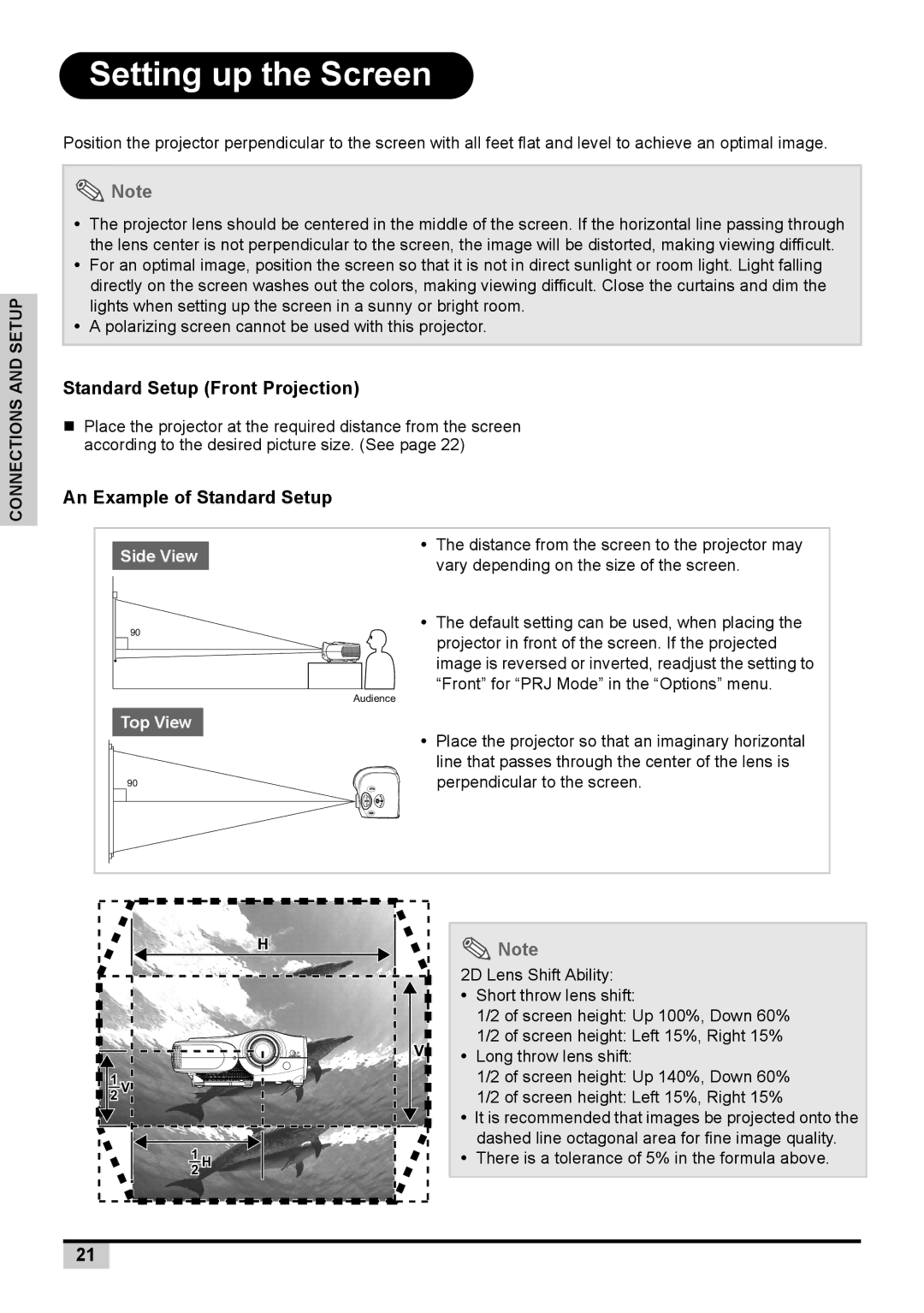 Knoll Systems 1080p DLP user manual Setting up the Screen, Standard Setup Front Projection, An Example of Standard Setup 