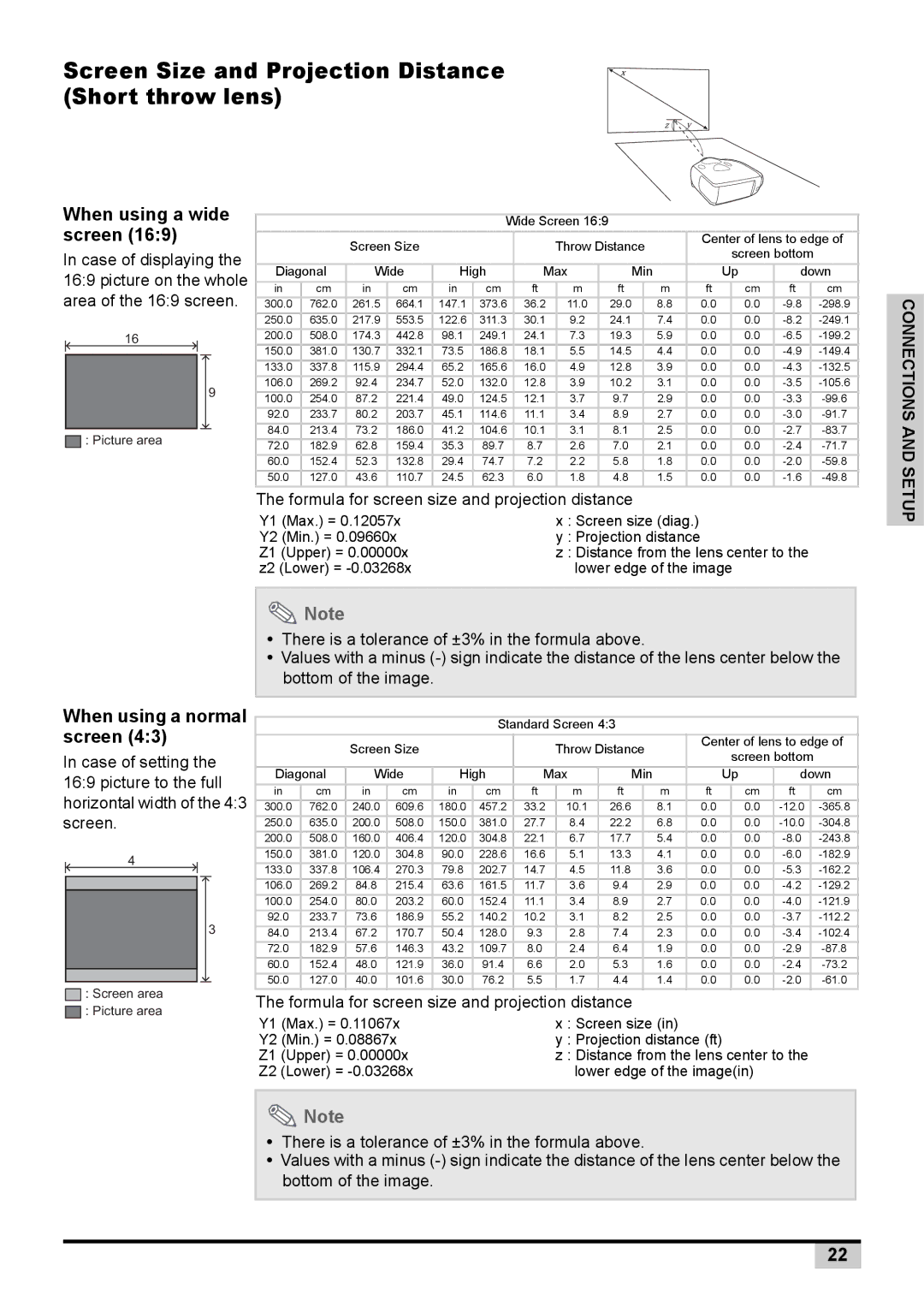 Knoll Systems 1080p DLP user manual Screen Size and Projection Distance Short throw lens, When using a wide screen 