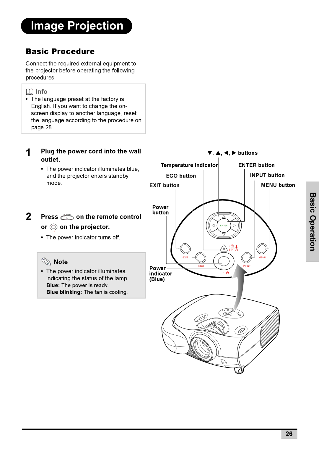 Knoll Systems 1080p DLP user manual Image Projection, Basic Procedure, Outlet, Press, Or on the projector 