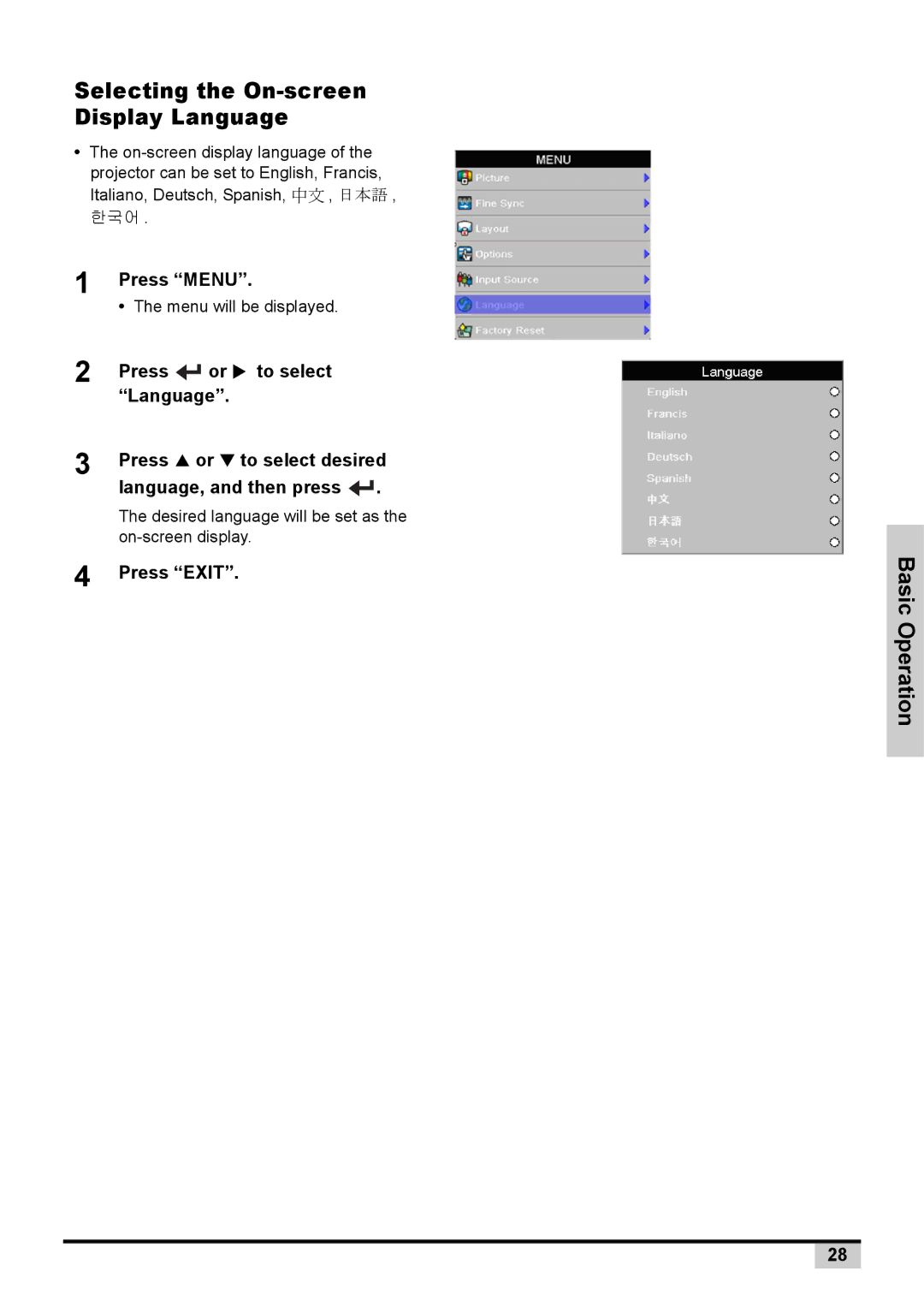 Knoll Systems 1080p DLP Selecting the On-screen Display Language, Press Menu, Press Or X to select Language, Press Exit 