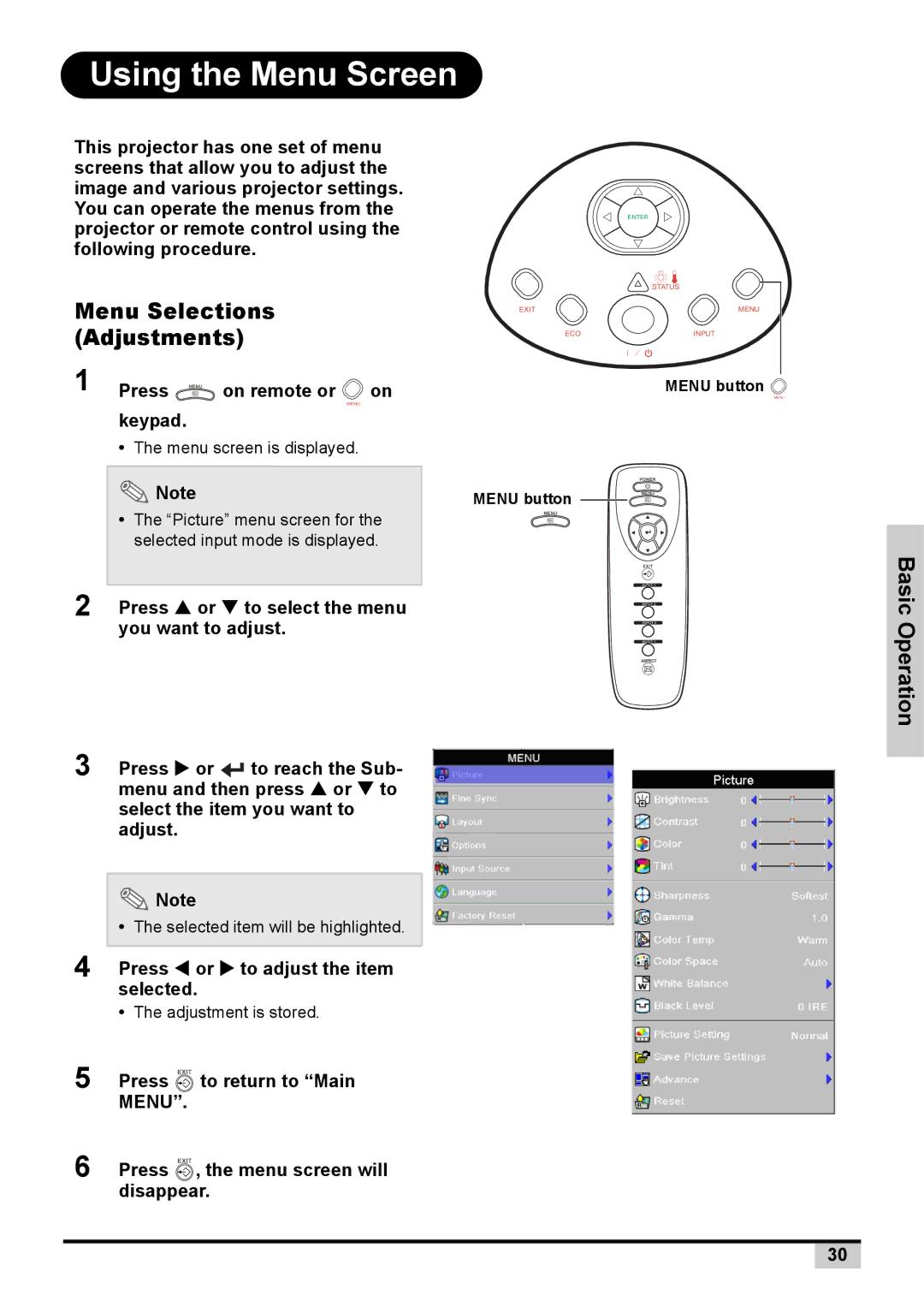 Knoll Systems 1080p DLP user manual Using the Menu Screen, Menu Selections Adjustments 