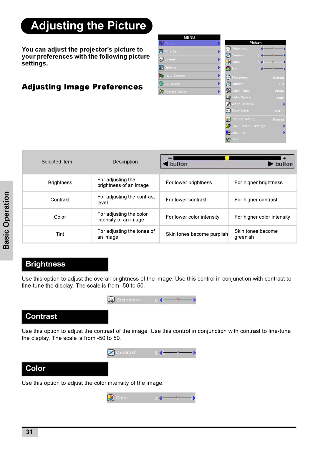 Knoll Systems 1080p DLP user manual Adjusting the Picture, Adjusting Image Preferences 