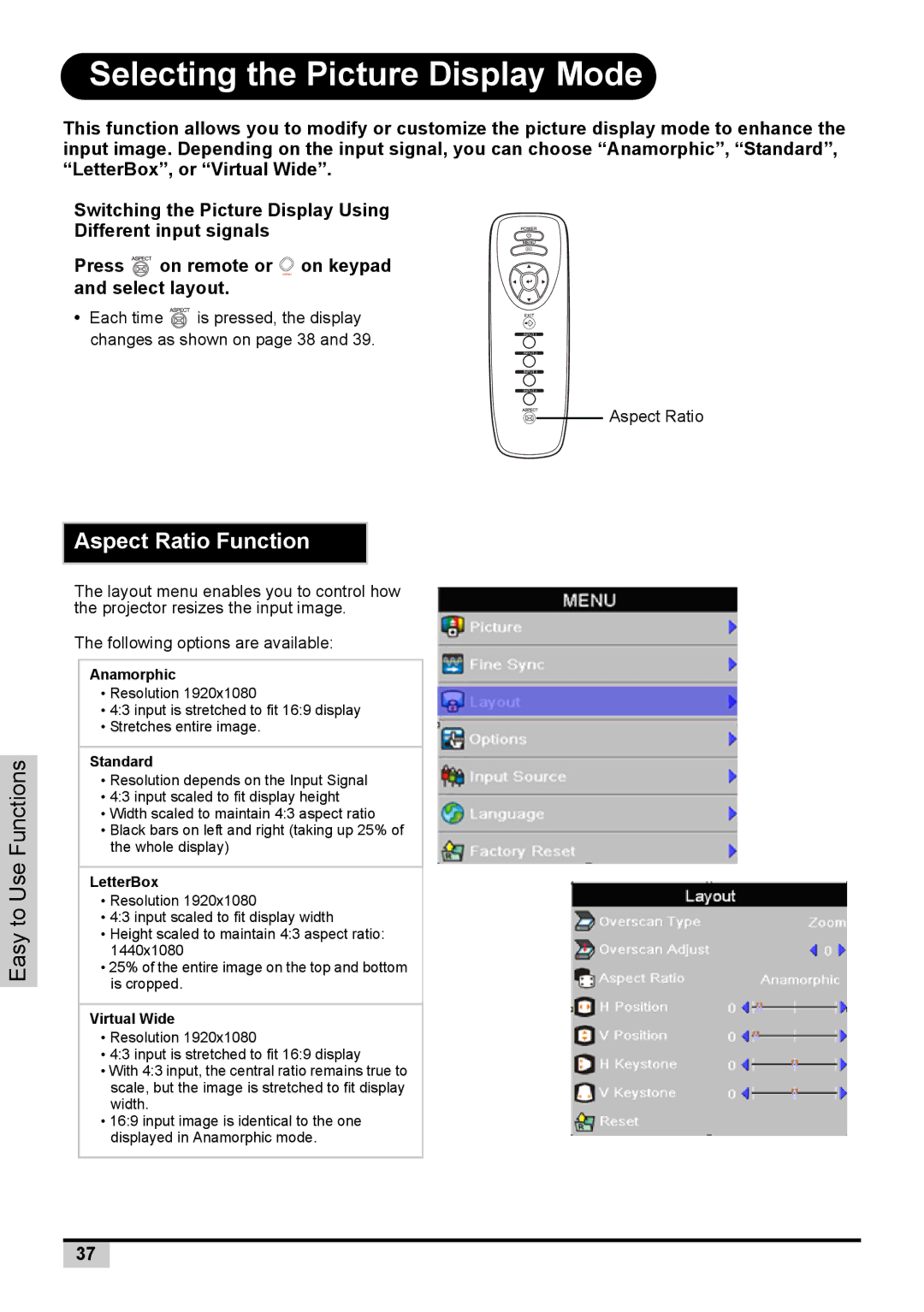 Knoll Systems 1080p DLP user manual Selecting the Picture Display Mode, Select layout 