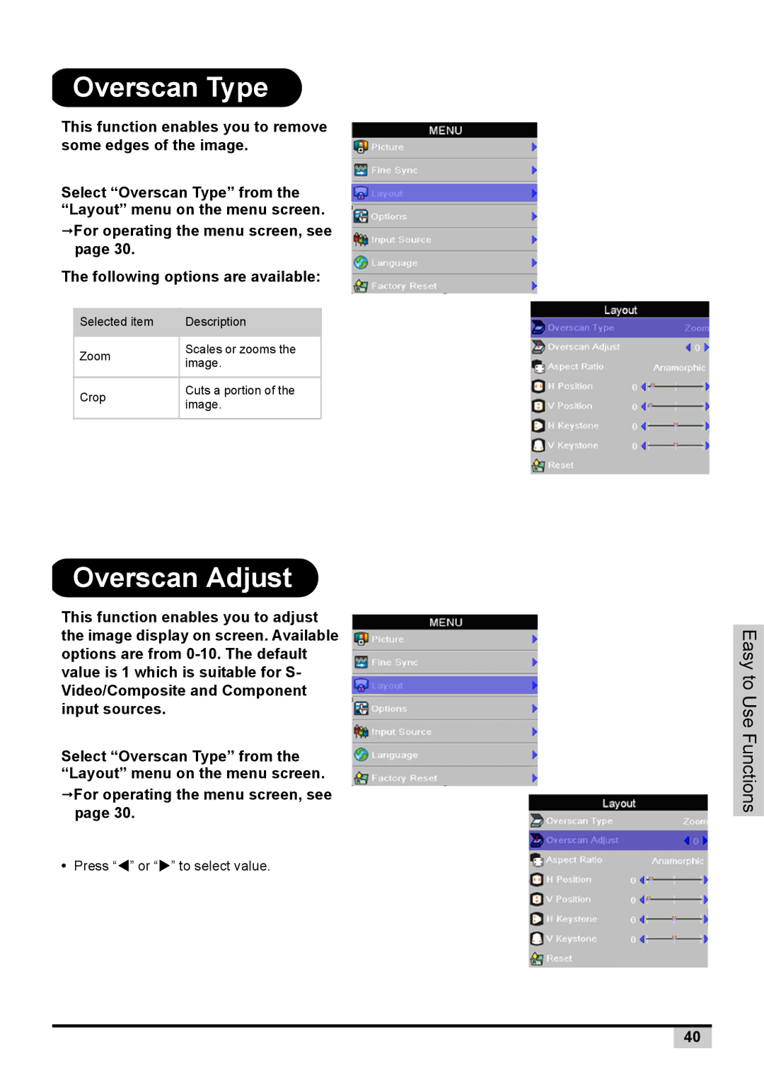 Knoll Systems 1080p DLP user manual Overscan Type, Overscan Adjust 