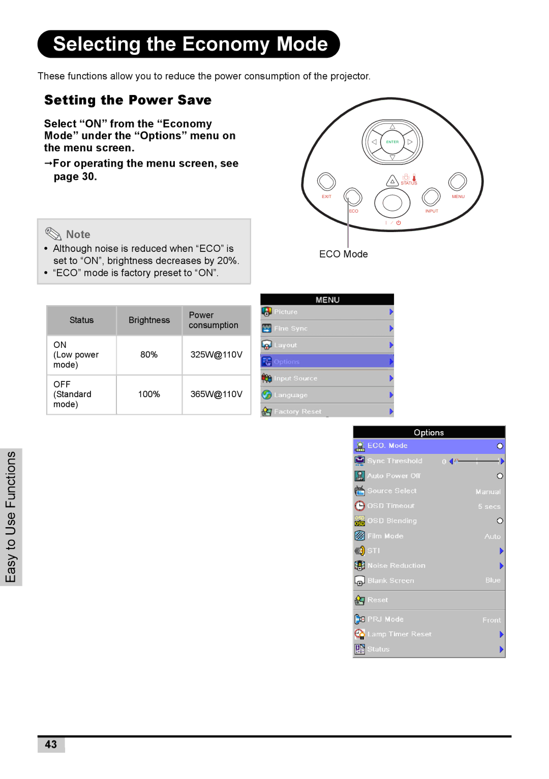 Knoll Systems 1080p DLP user manual Selecting the Economy Mode, Setting the Power Save 