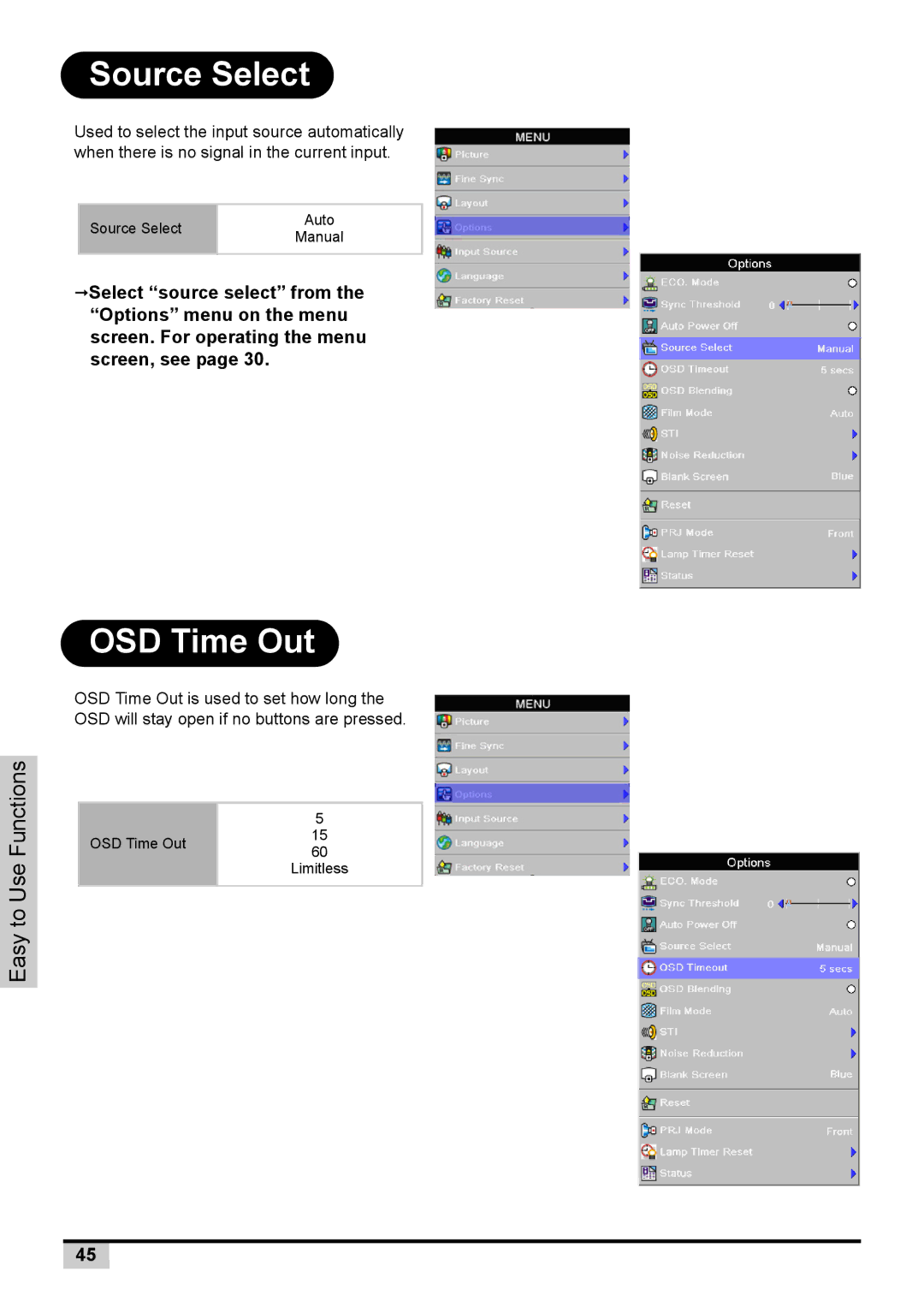 Knoll Systems 1080p DLP user manual Source Select, OSD Time Out 