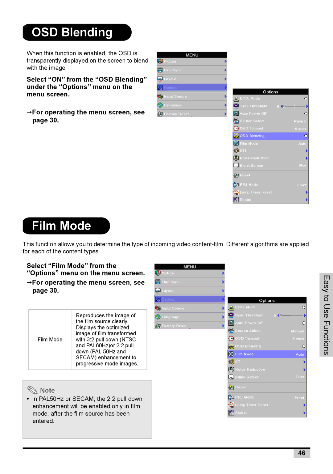 Knoll Systems 1080p DLP user manual OSD Blending, Film Mode 