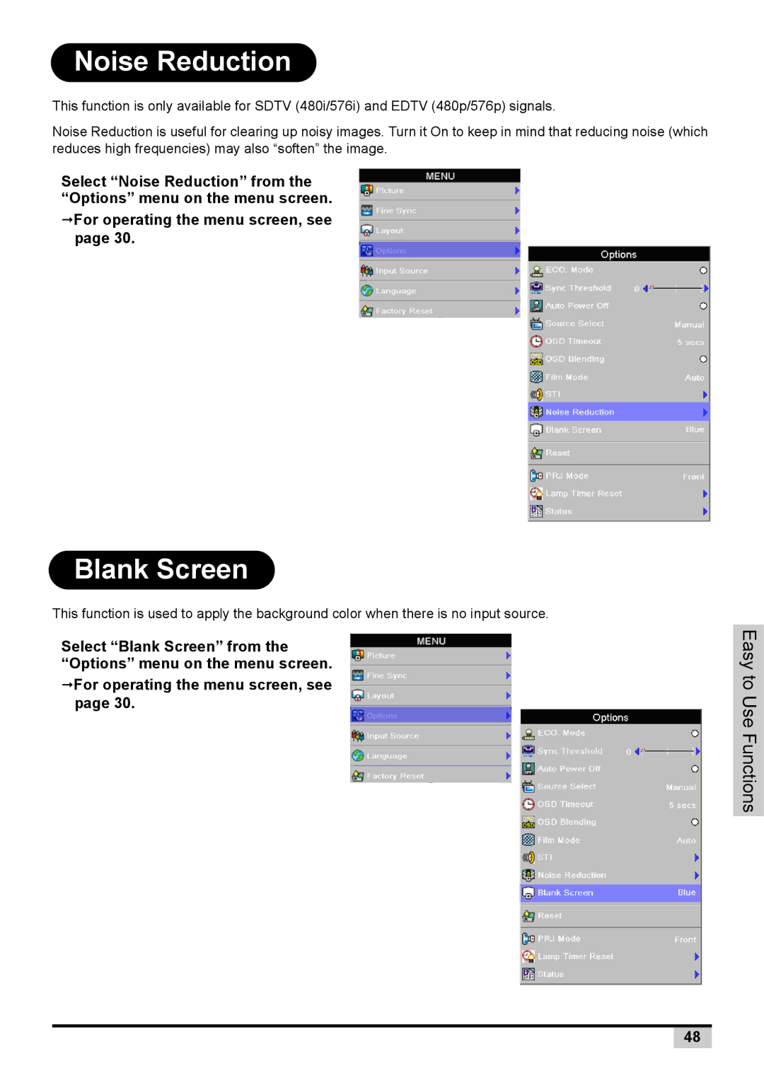 Knoll Systems 1080p DLP user manual Noise Reduction, Blank Screen 