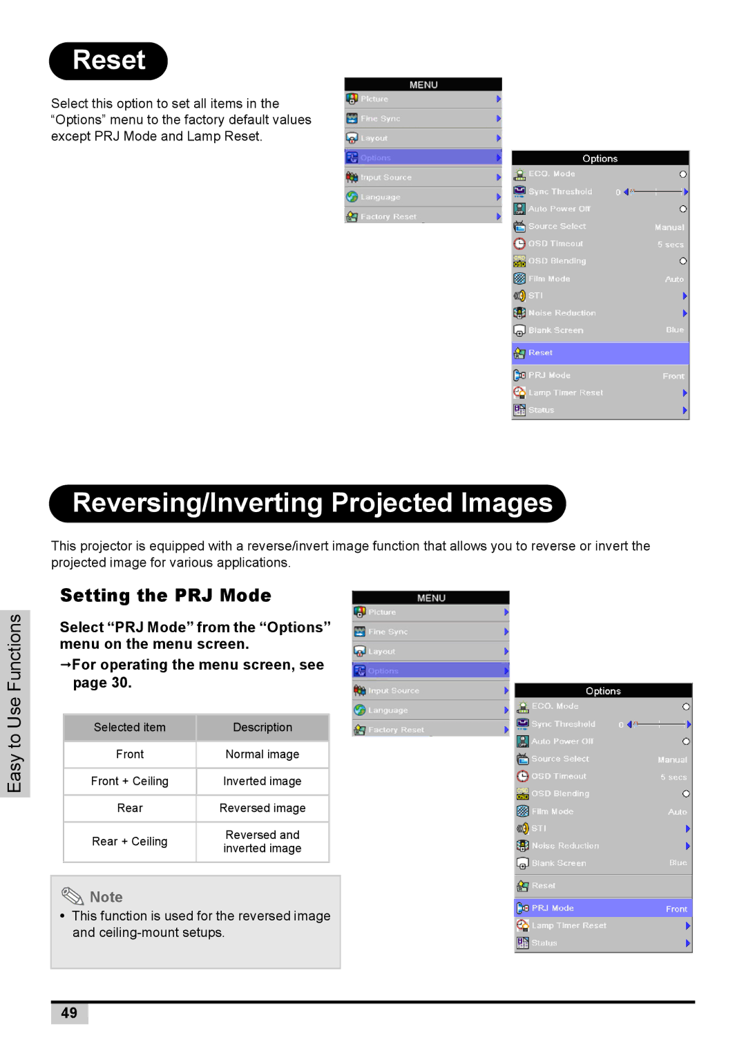 Knoll Systems 1080p DLP user manual Reset, Reversing/Inverting Projected Images, Setting the PRJ Mode 