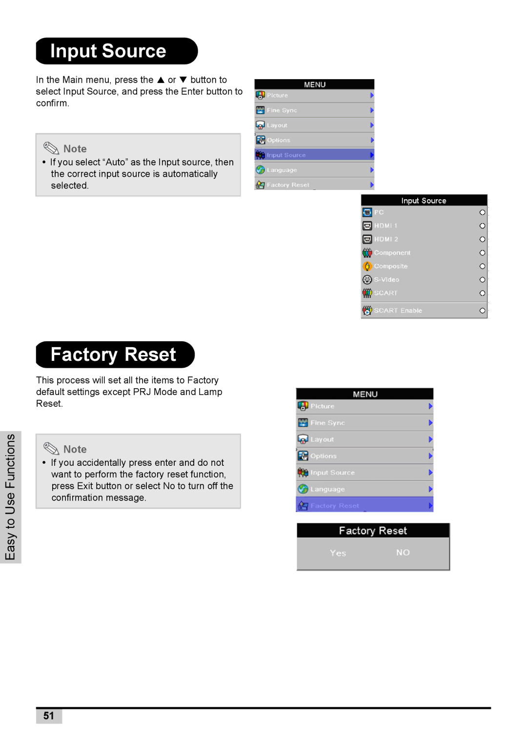 Knoll Systems 1080p DLP user manual Input Source, Factory Reset 