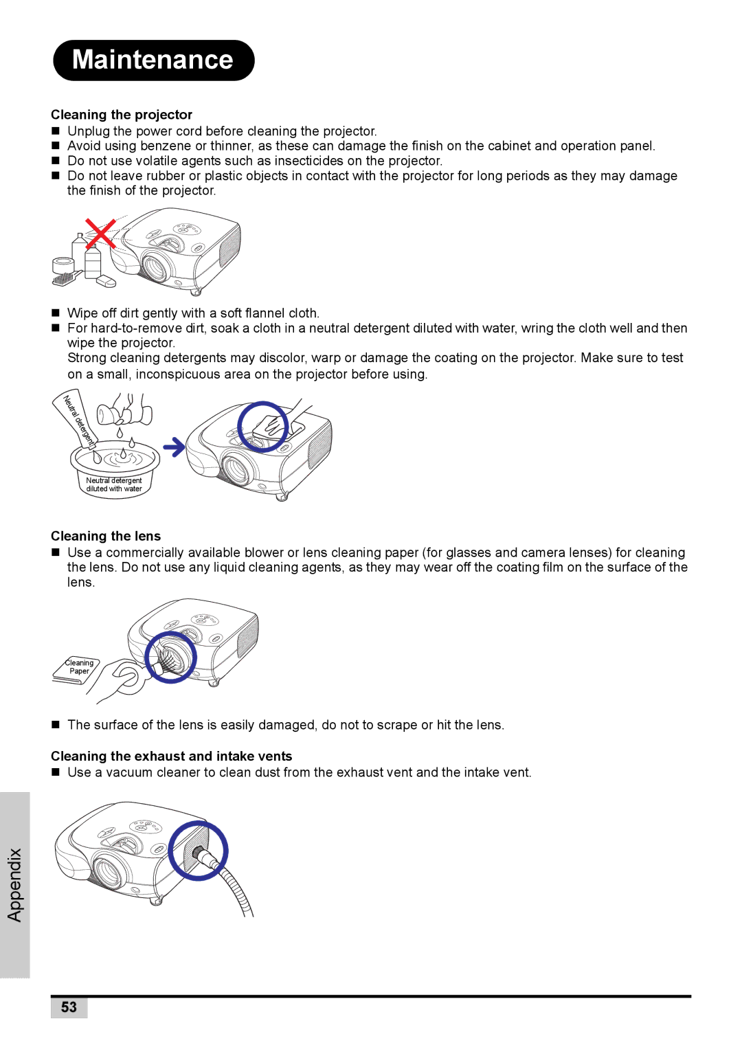 Knoll Systems 1080p DLP user manual Maintenance, Cleaning the projector 