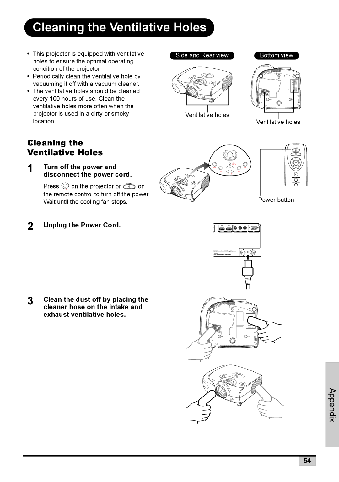 Knoll Systems 1080p DLP user manual Cleaning the Ventilative Holes, Cleaning Ventilative Holes 