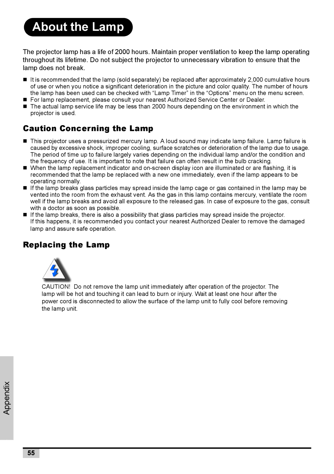 Knoll Systems 1080p DLP user manual About the Lamp, Replacing the Lamp 