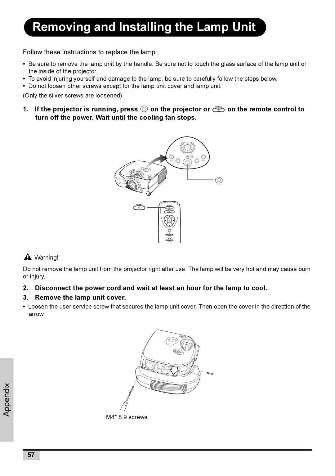 Knoll Systems 1080p DLP user manual Removing and Installing the Lamp Unit, Follow these instructions to replace the lamp 