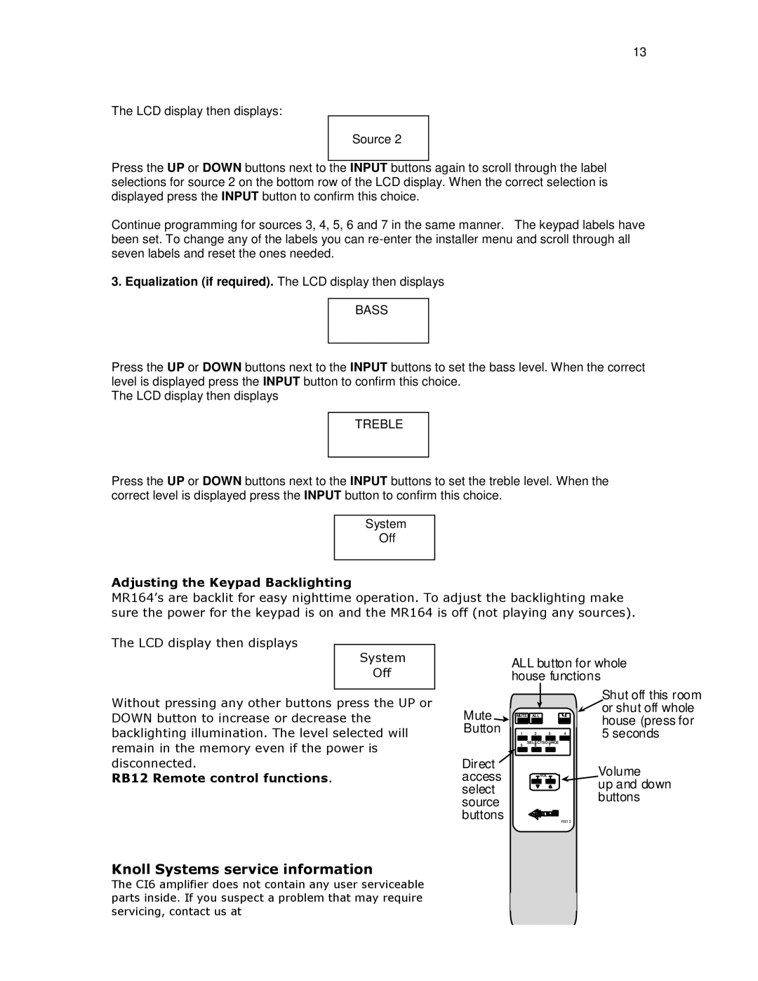 Knoll Systems C16 Knoll Systems service information, Adjusting the Keypad Backlighting, RB12 Remote control functions 