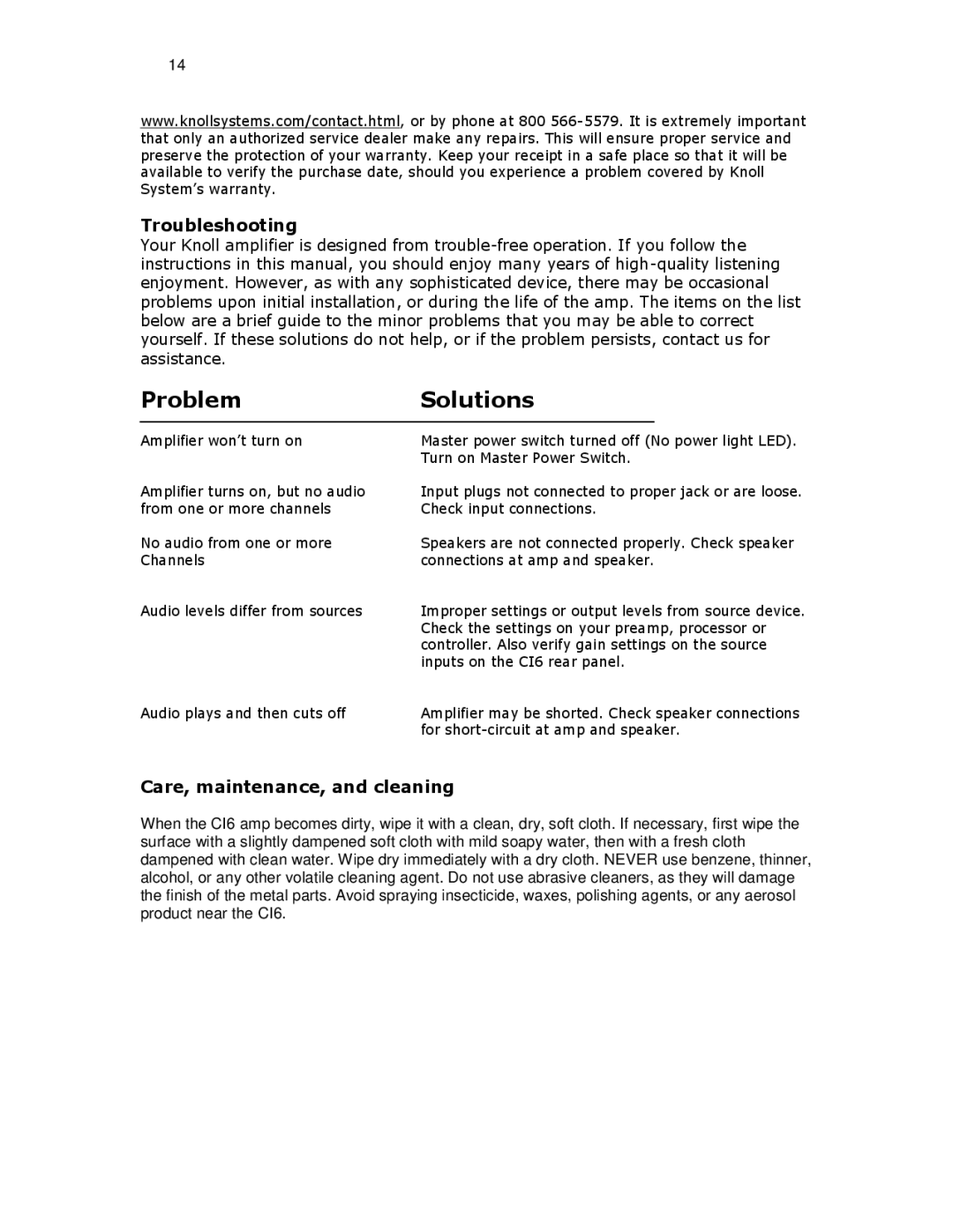 Knoll Systems C16 installation instructions Troubleshooting, Care, maintenance, and cleaning 