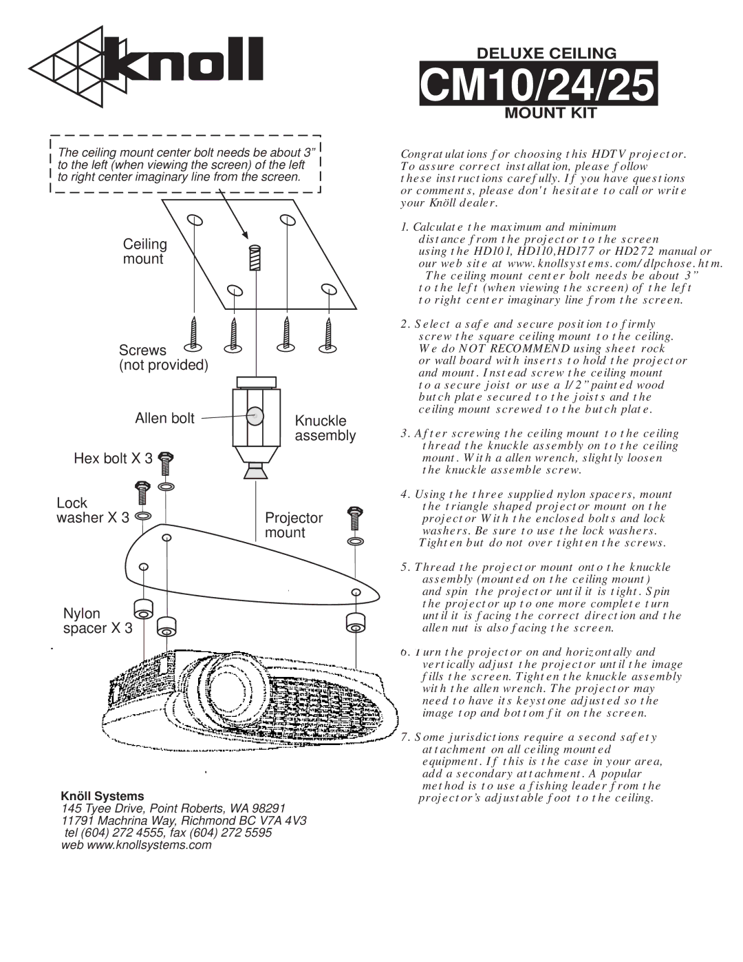 Knoll Systems CM24, CM25 manual CM10/24/25, Deluxe Ceiling, Mount KIT 