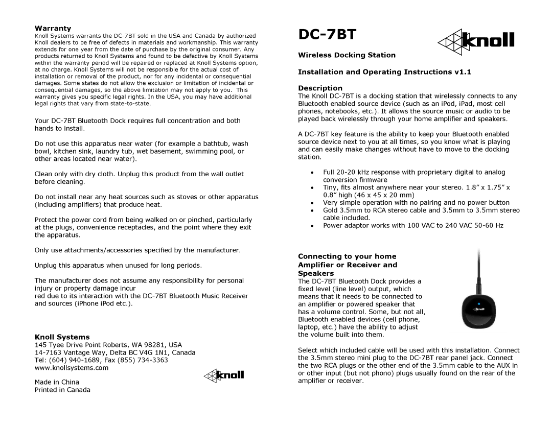 Knoll Systems DC-7BT warranty Warranty, Knoll Systems, Connecting to your home Amplifier or Receiver Speakers 