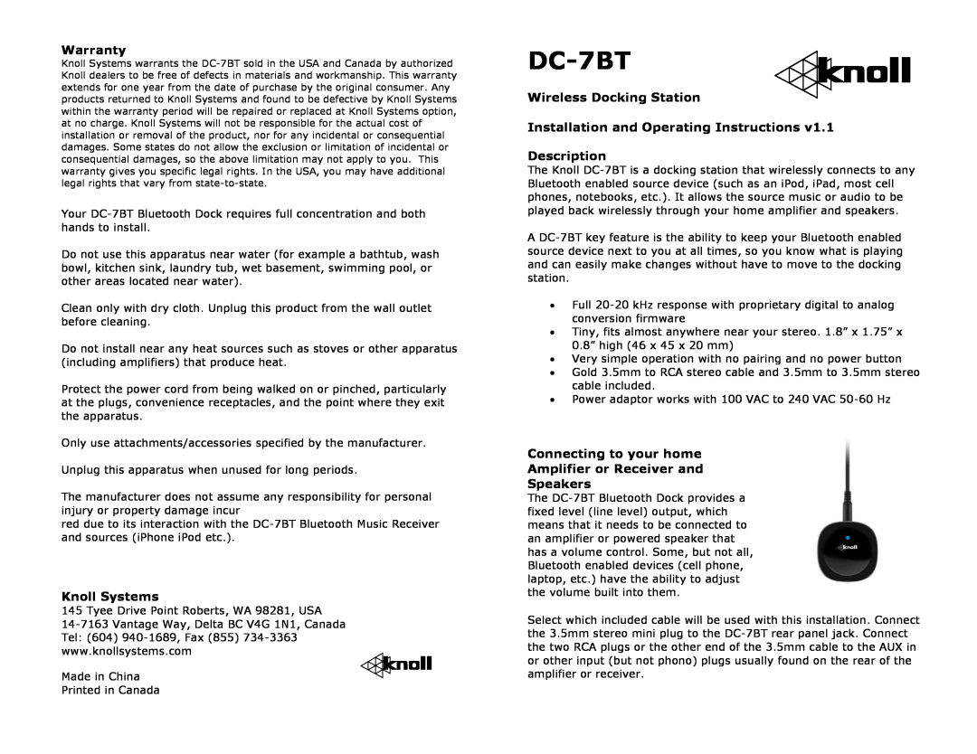 Knoll Systems DC-7BT warranty Warranty, Knoll Systems, Wireless Docking Station Installation and Operating Instructions 
