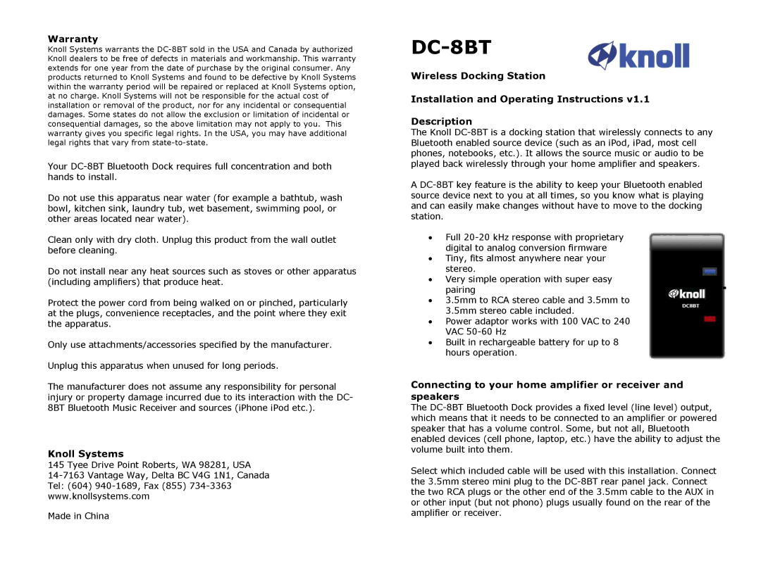 Knoll Systems DC-8BT warranty Warranty, Knoll Systems, Connecting to your home amplifier or receiver and speakers 