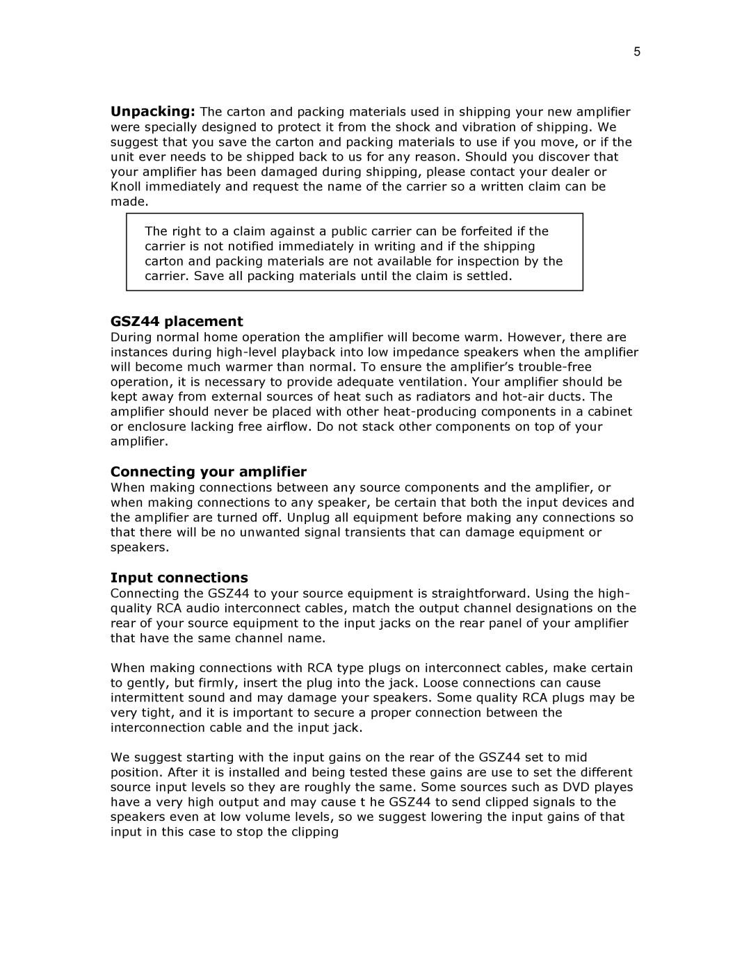 Knoll Systems installation instructions GSZ44 placement, Connecting your amplifier, Input connections 