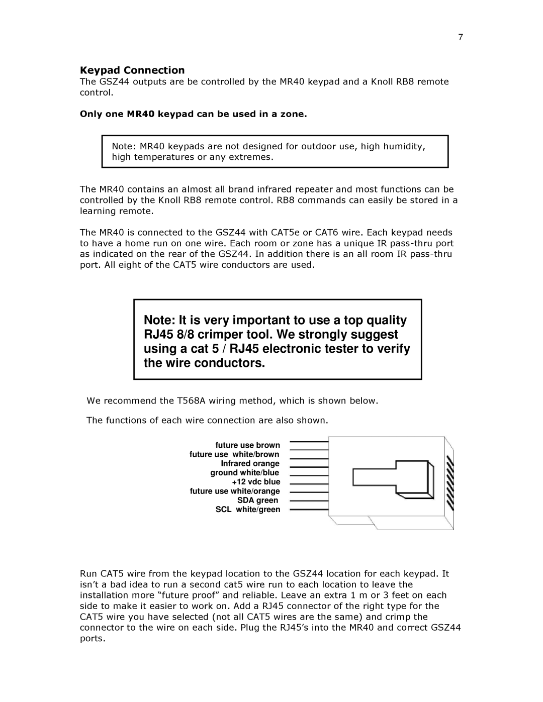 Knoll Systems GSZ44 installation instructions Keypad Connection 