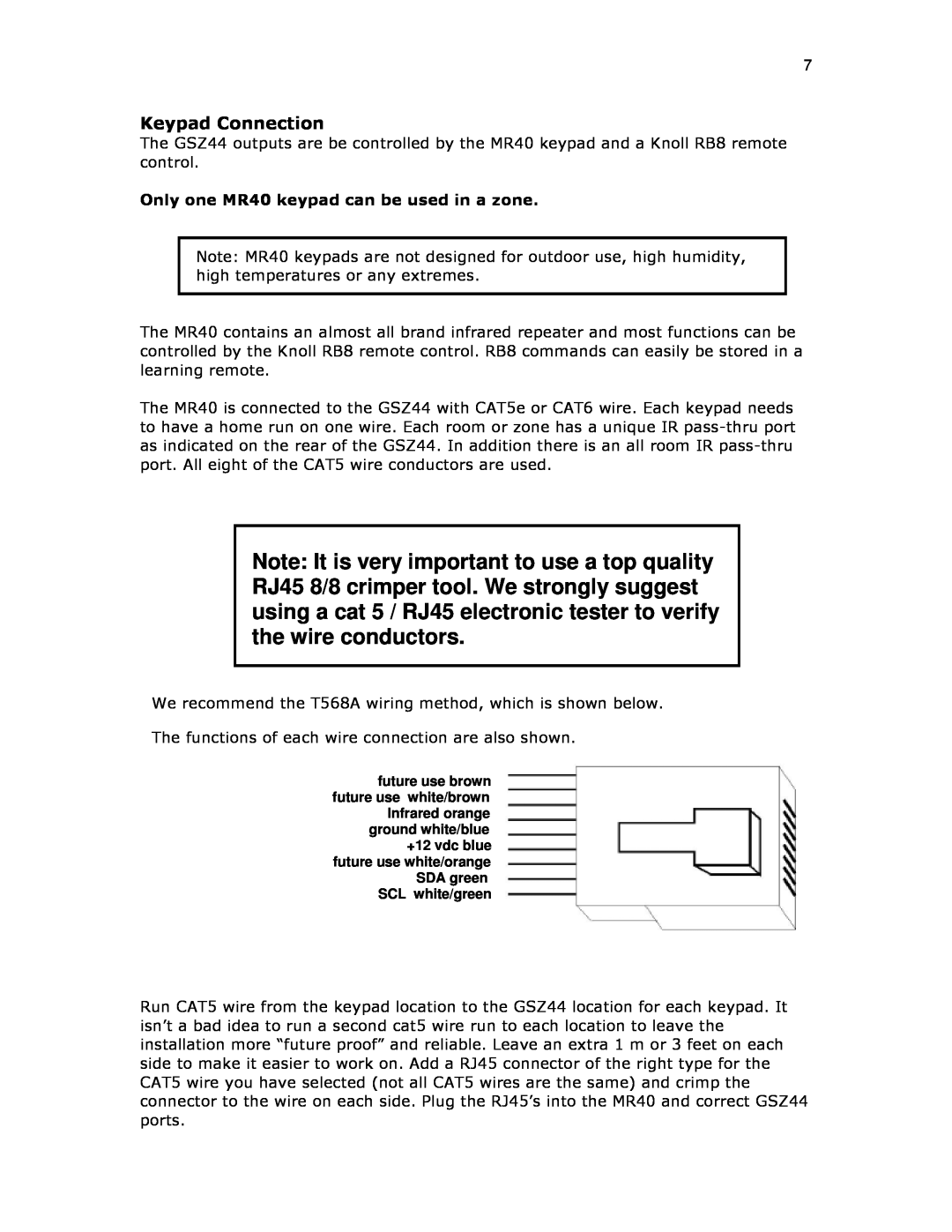 Knoll Systems GSZ44 installation instructions Keypad Connection 