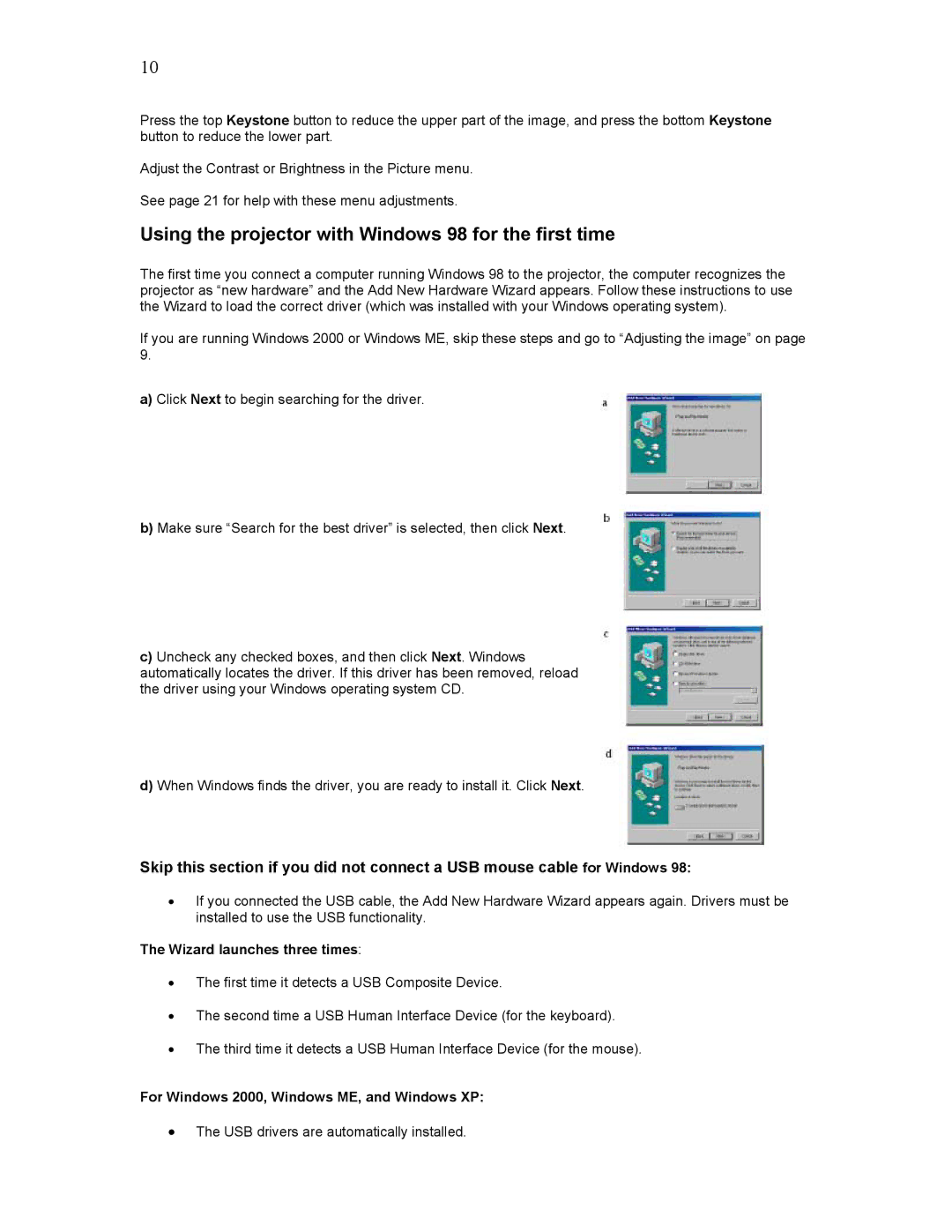 Knoll Systems HD102 user manual Using the projector with Windows 98 for the first time, Wizard launches three times 