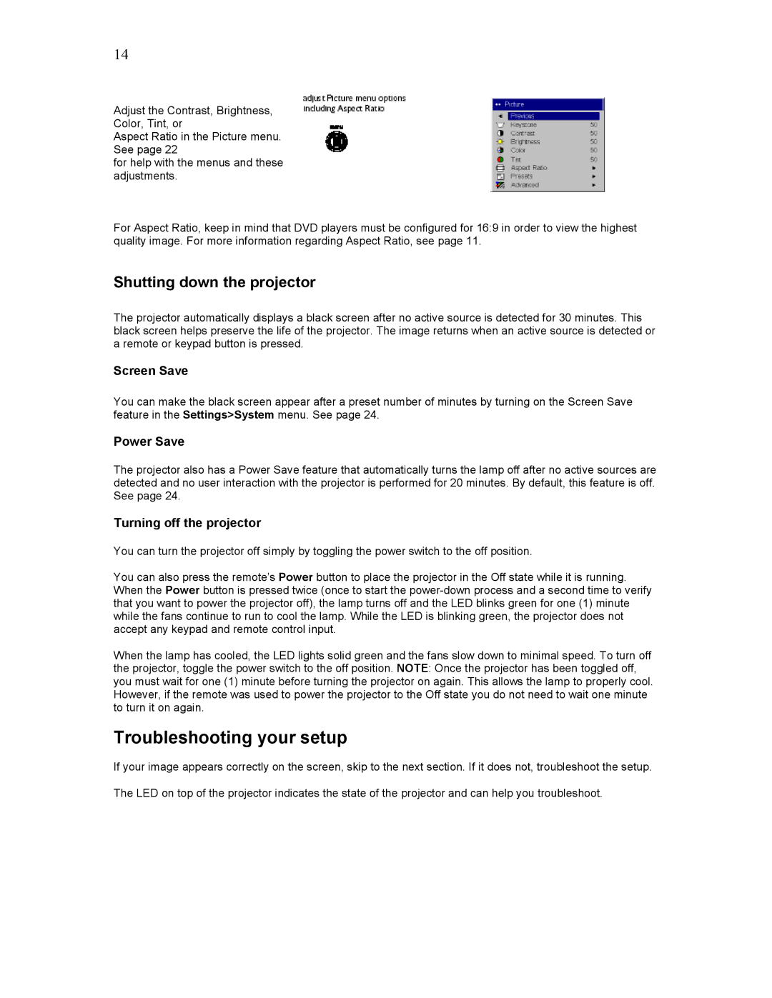 Knoll Systems HD102 user manual Shutting down the projector, Screen Save, Power Save, Turning off the projector 