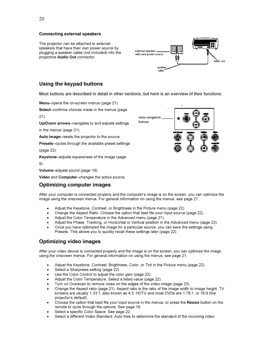 Knoll Systems HD102 user manual Using the keypad buttons, Optimizing computer images, Optimizing video images 