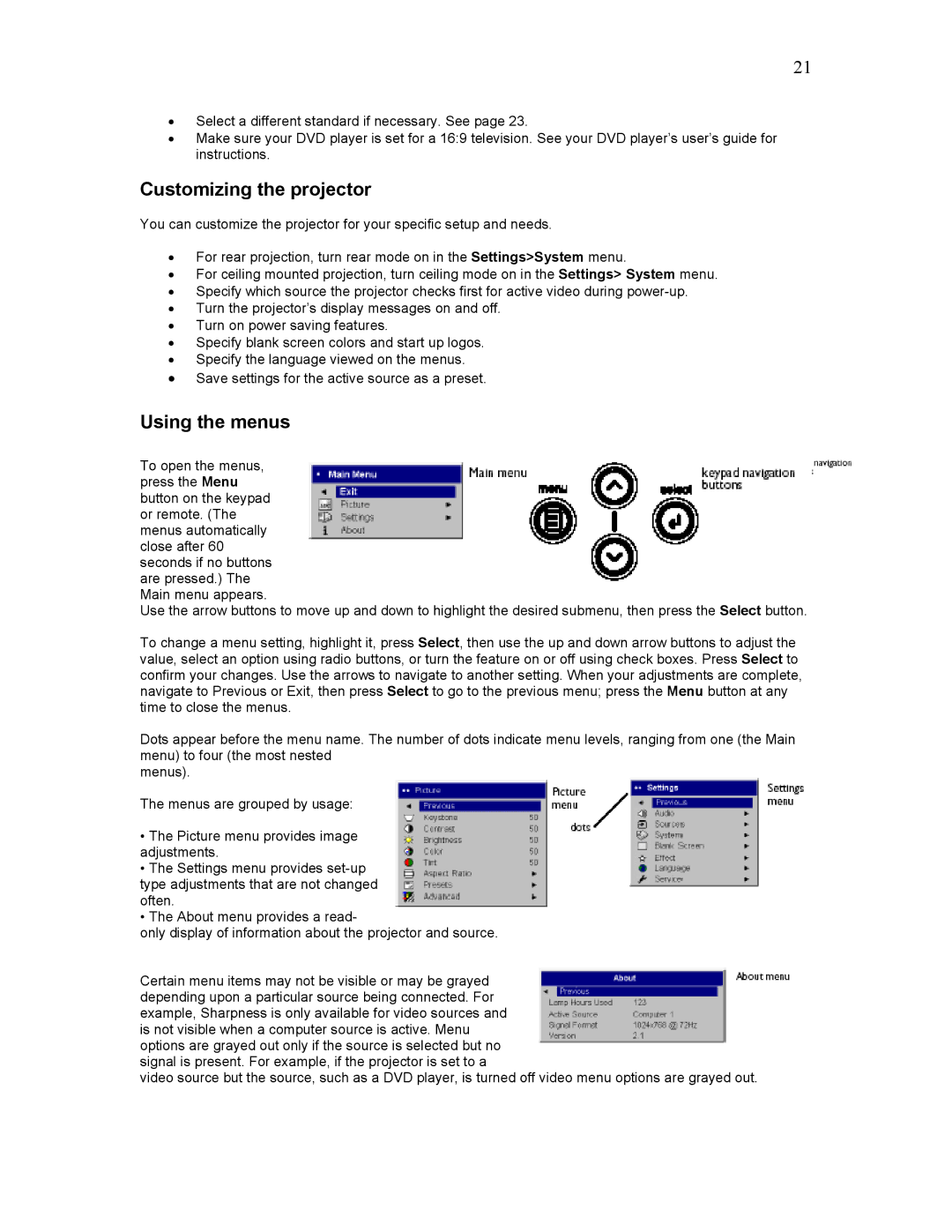 Knoll Systems HD102 user manual Customizing the projector, Using the menus 