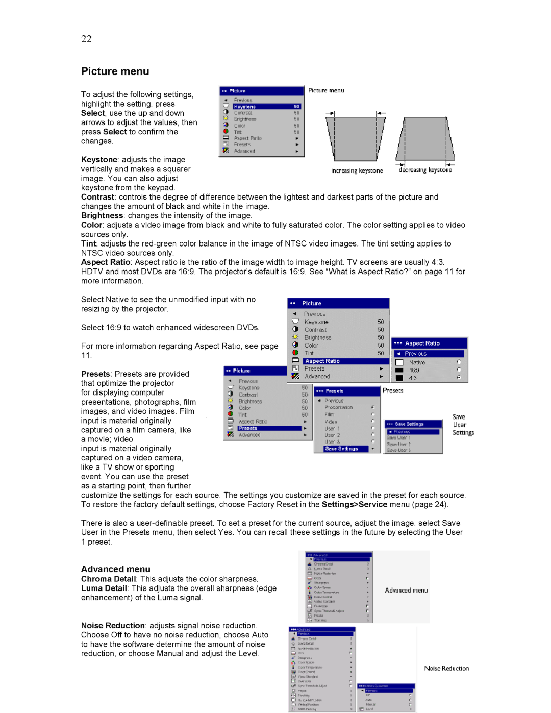 Knoll Systems HD102 user manual Picture menu, Advanced menu 