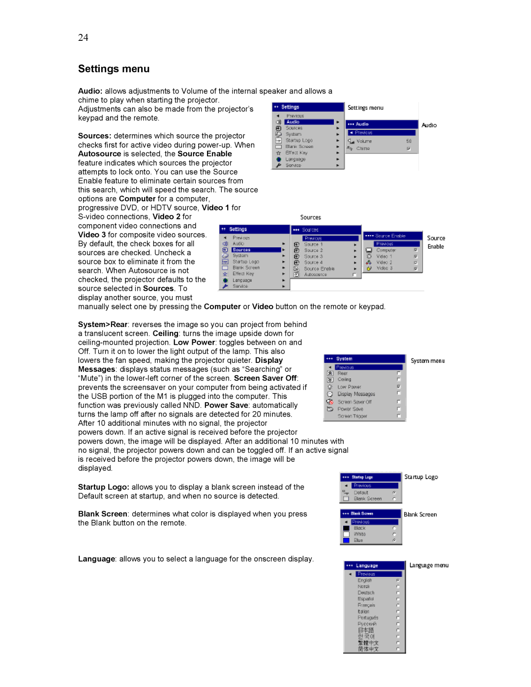 Knoll Systems HD102 user manual Settings menu 