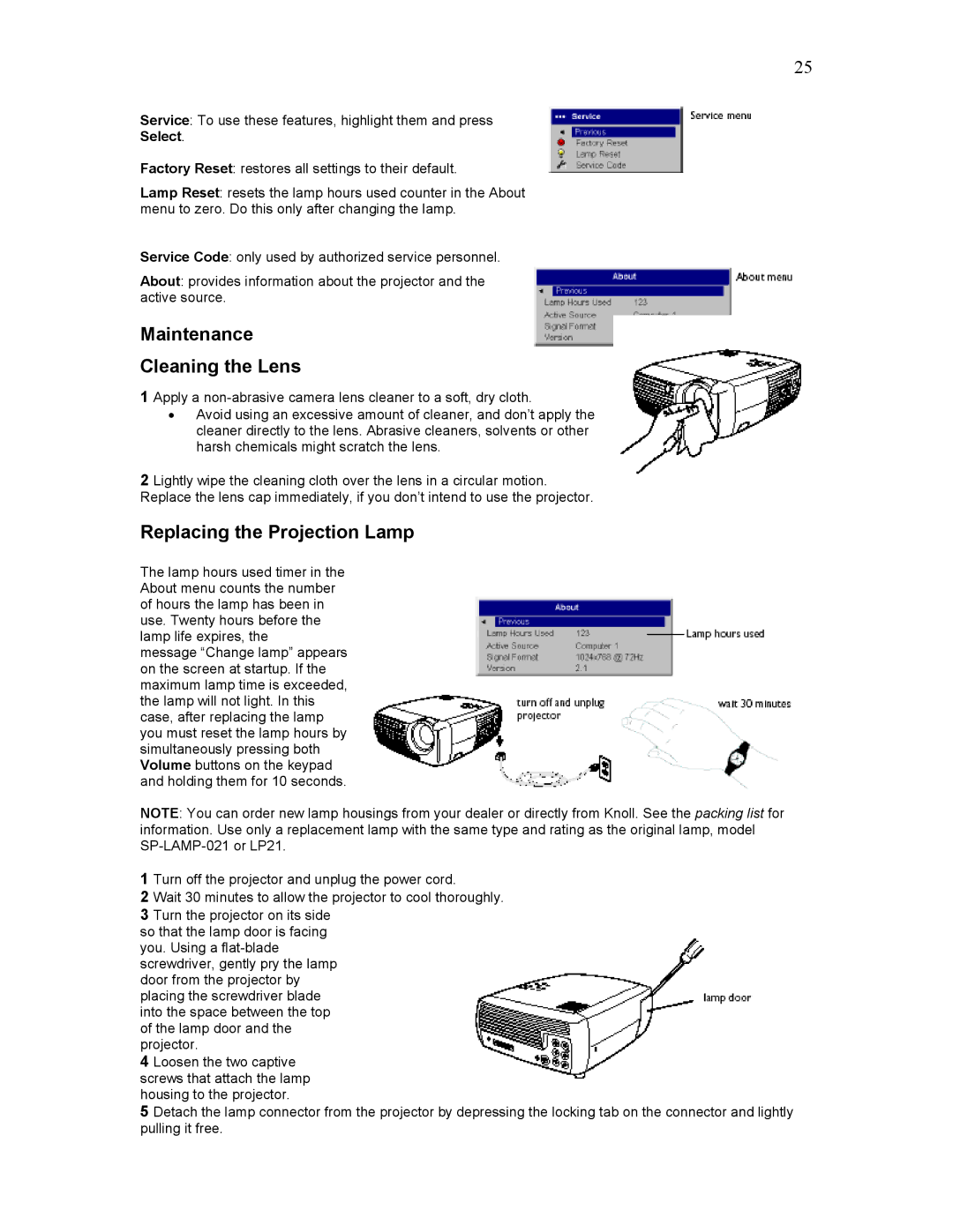 Knoll Systems HD102 user manual Maintenance Cleaning the Lens, Replacing the Projection Lamp, Select 