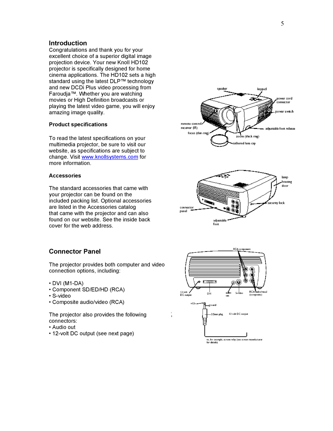 Knoll Systems HD102 user manual Introduction, Connector Panel, Product specifications Accessories 