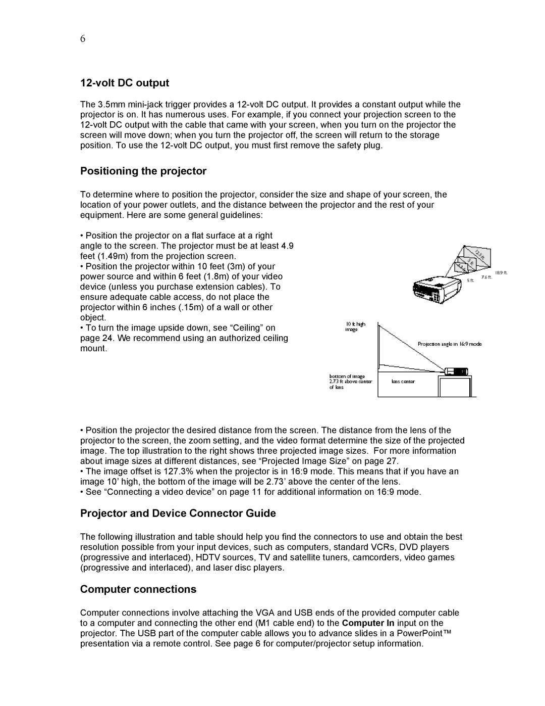 Knoll Systems HD102 Volt DC output, Positioning the projector, Projector and Device Connector Guide, Computer connections 