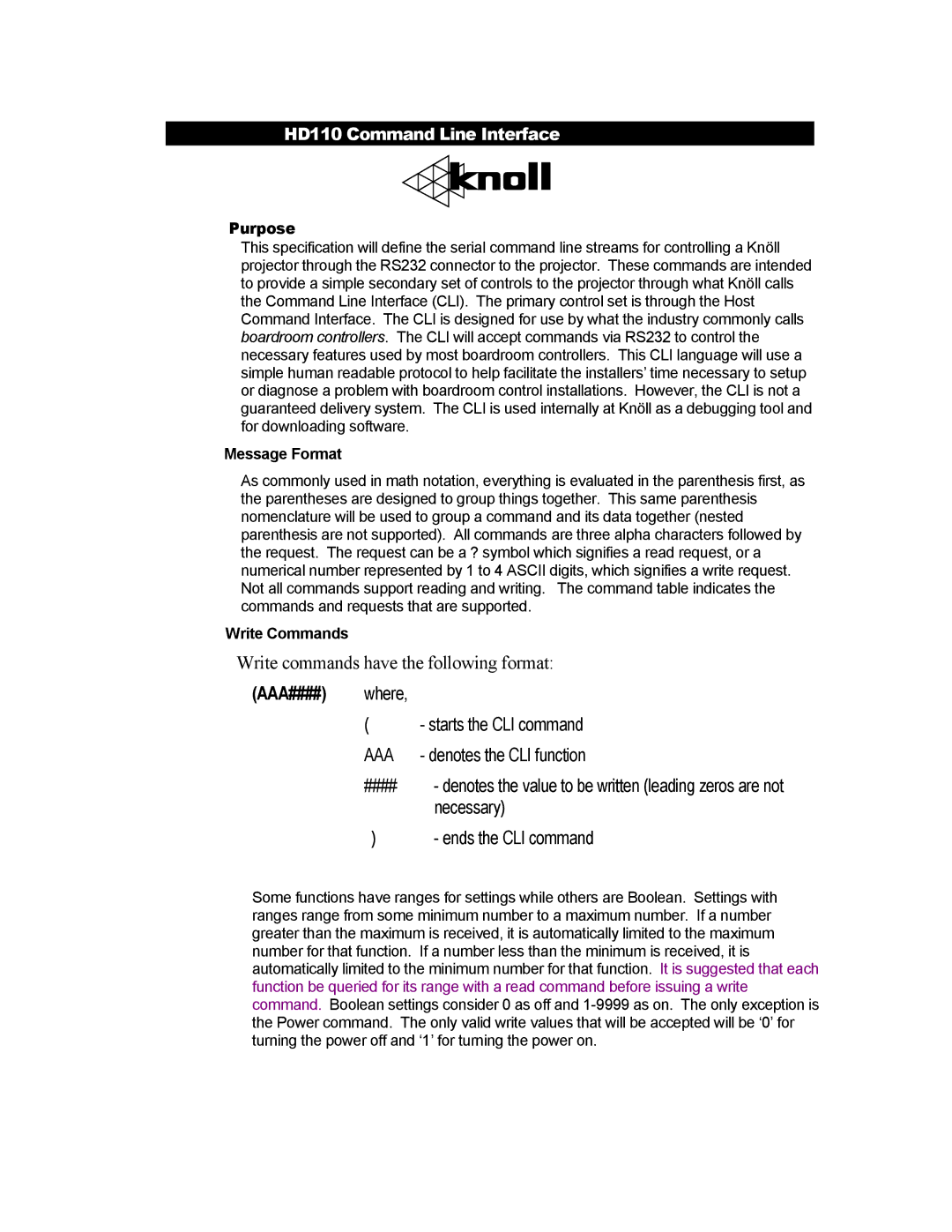 Knoll Systems HD110 manual Aaa####, Purpose, Message Format, Write Commands 