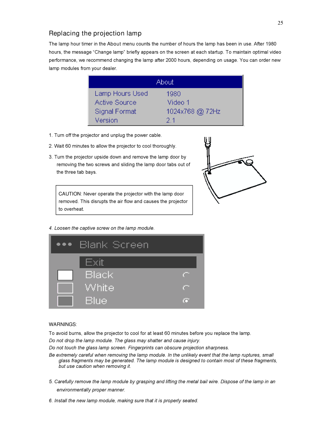 Knoll Systems HD177 user manual Replacing the projection lamp, Loosen the captive screw on the lamp module 