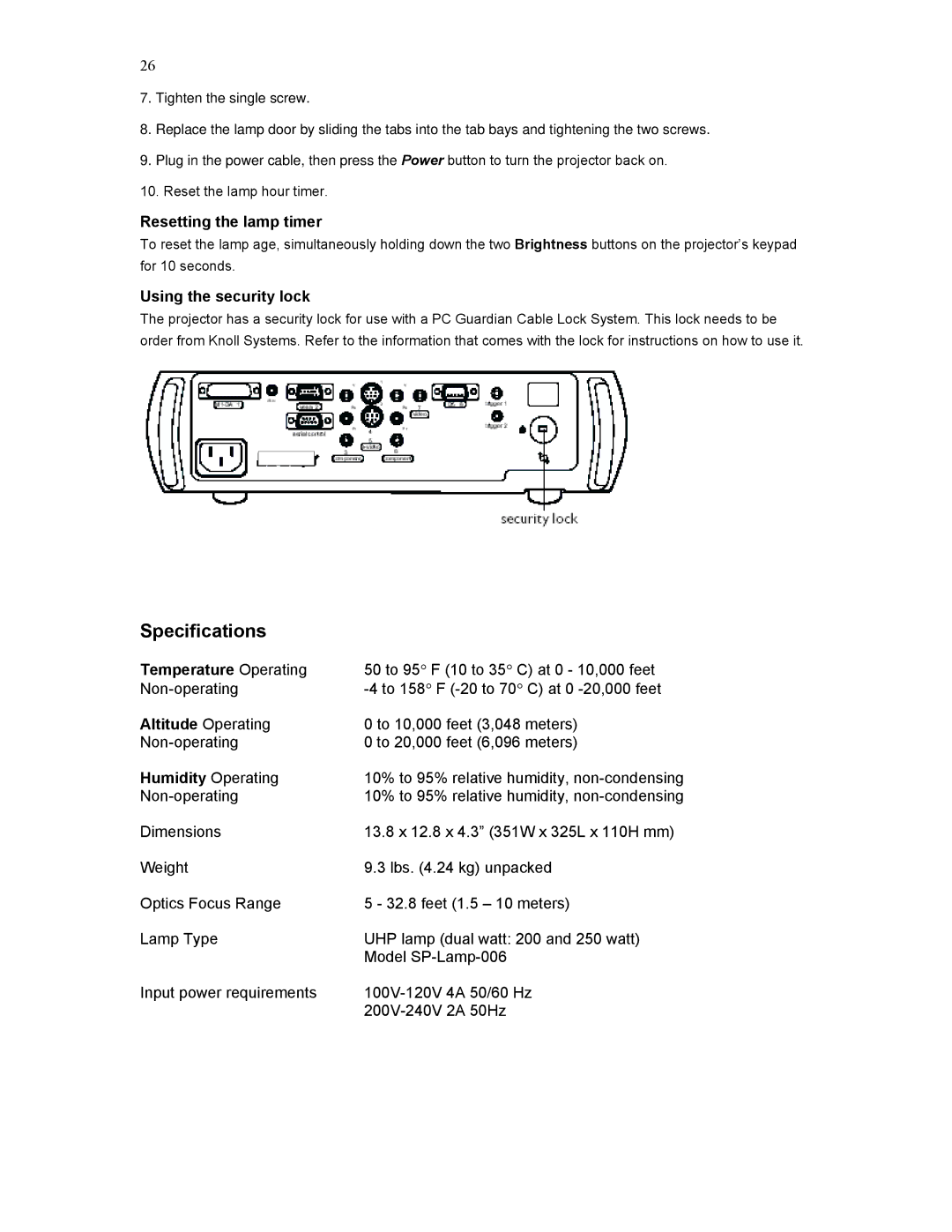 Knoll Systems HD177 user manual Specifications, Resetting the lamp timer 