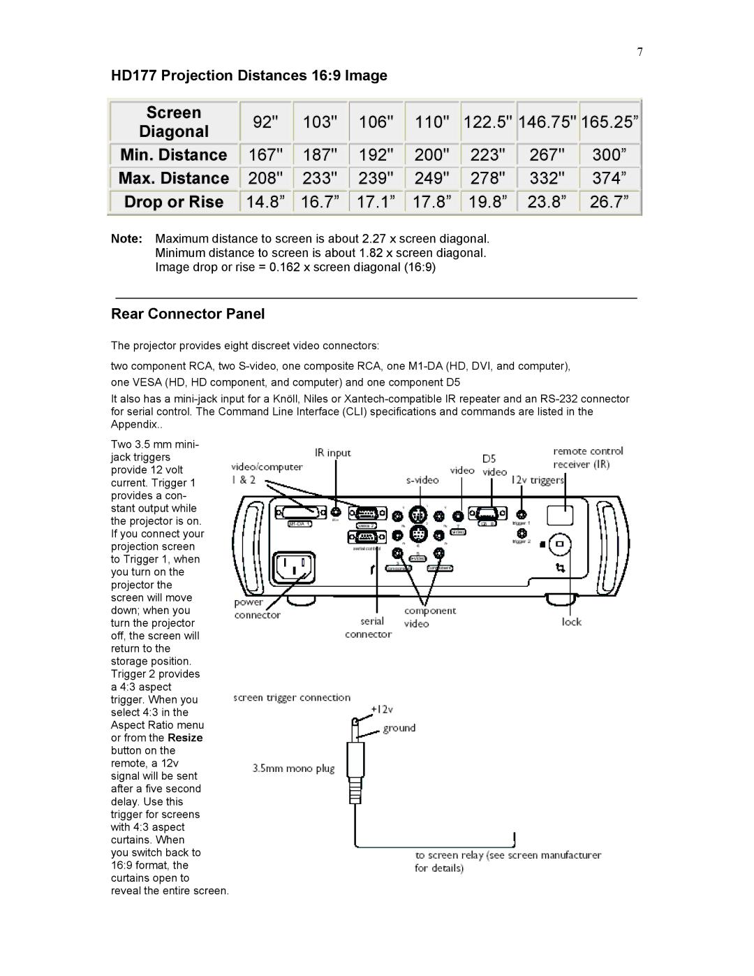 Knoll Systems user manual HD177 Projection Distances 169 Image, Rear Connector Panel 