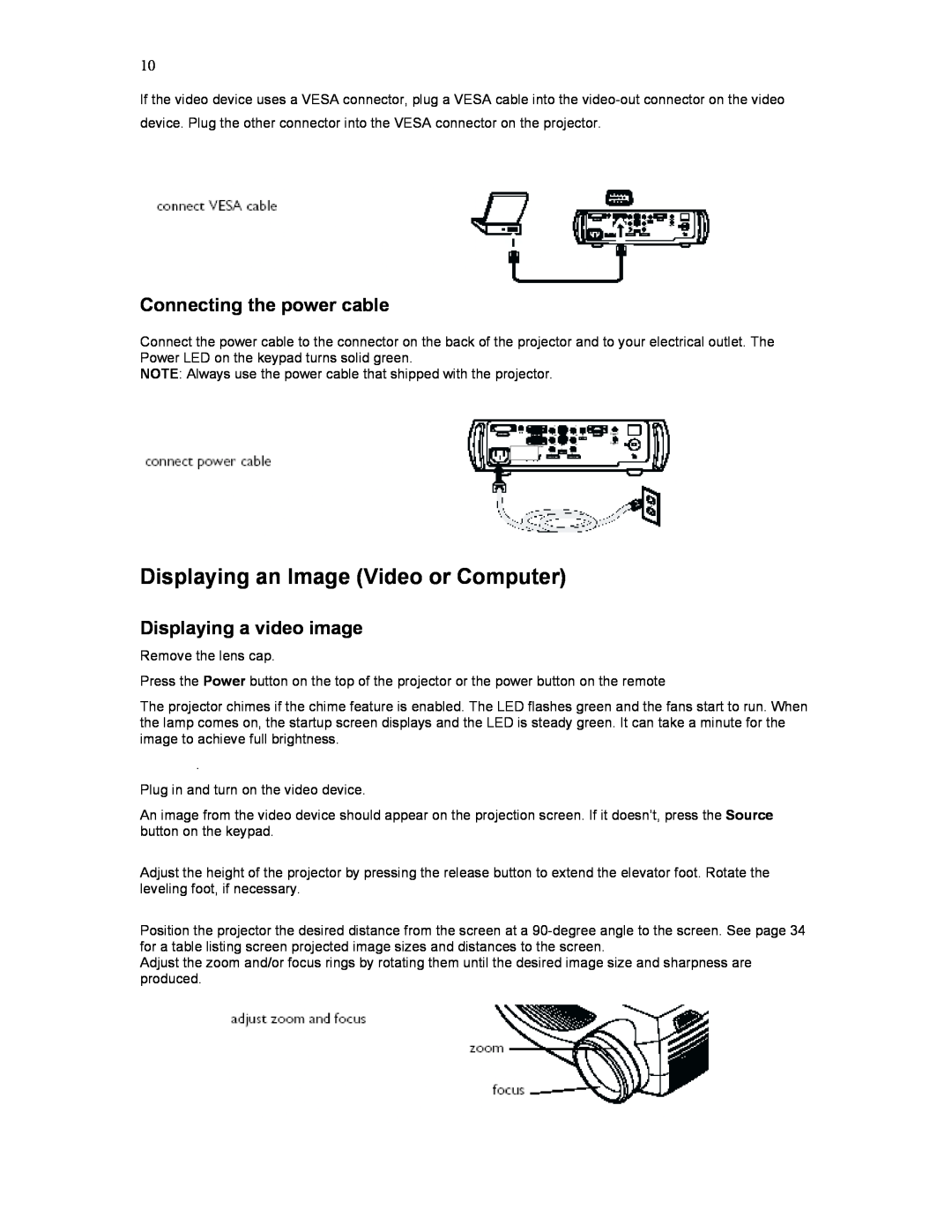 Knoll Systems HD177 user manual Displaying an Image Video or Computer, Connecting the power cable, Displaying a video image 