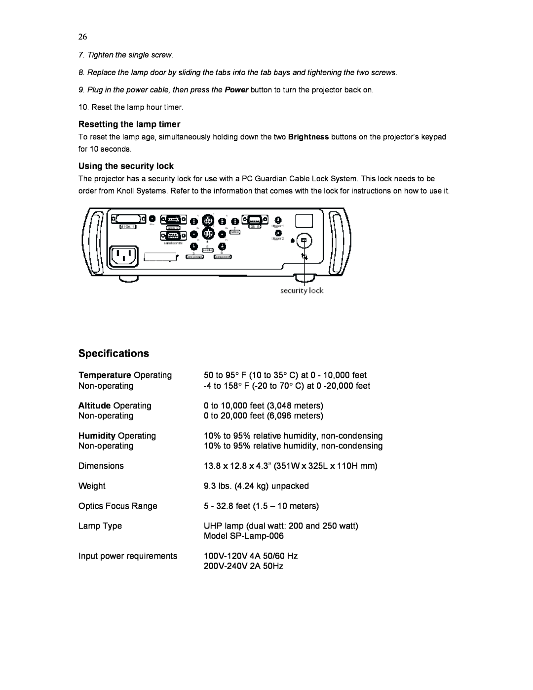 Knoll Systems HD177 user manual Specifications, Resetting the lamp timer, Using the security lock, Temperature Operating 