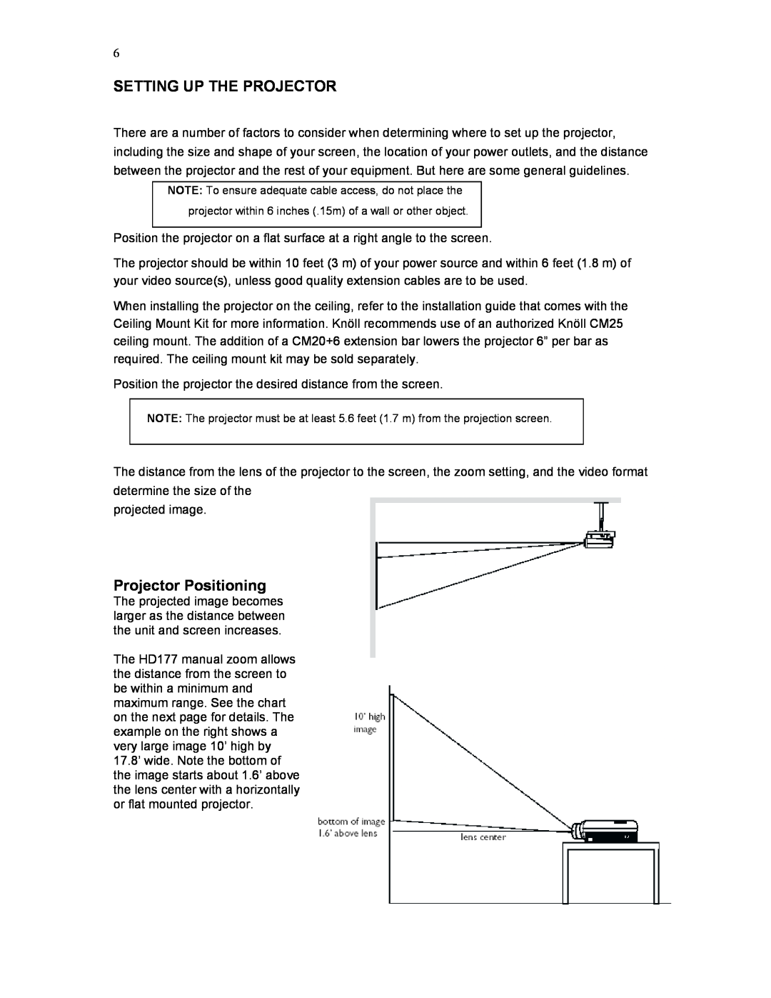 Knoll Systems HD177 user manual Setting Up The Projector, Projector Positioning 
