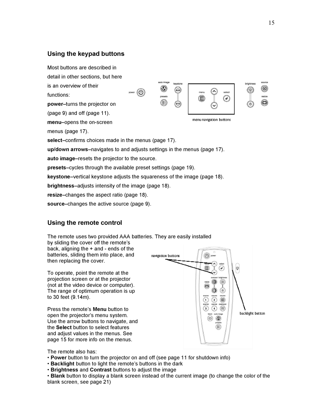 Knoll Systems HD225 user manual Using the keypad buttons, Using the remote control 