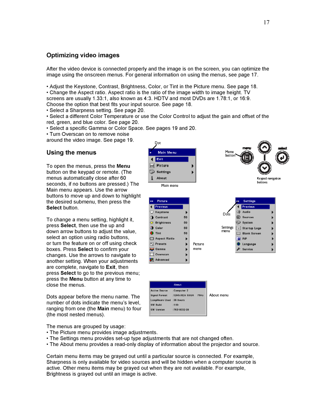 Knoll Systems HD225 user manual Optimizing video images, Using the menus 